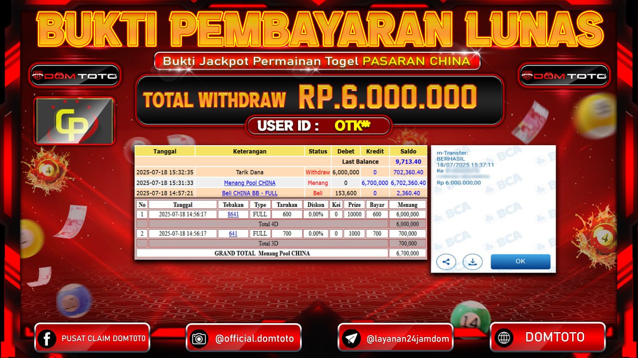JACKPOT TOGEL PASARAN CHINA 18  JULI 2025